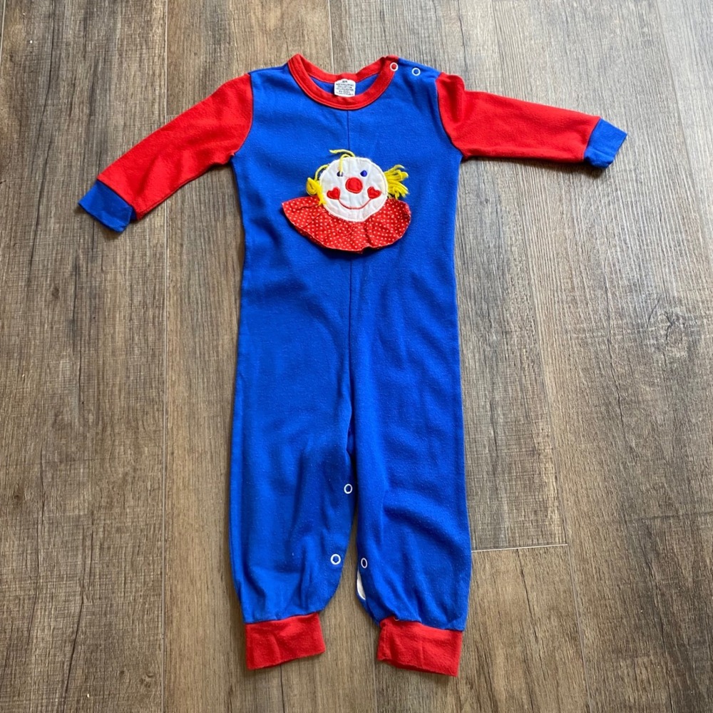 Vintage Clown Applique Blue Red Snap Footless Sleeper 18M RN 62011 AS-IS